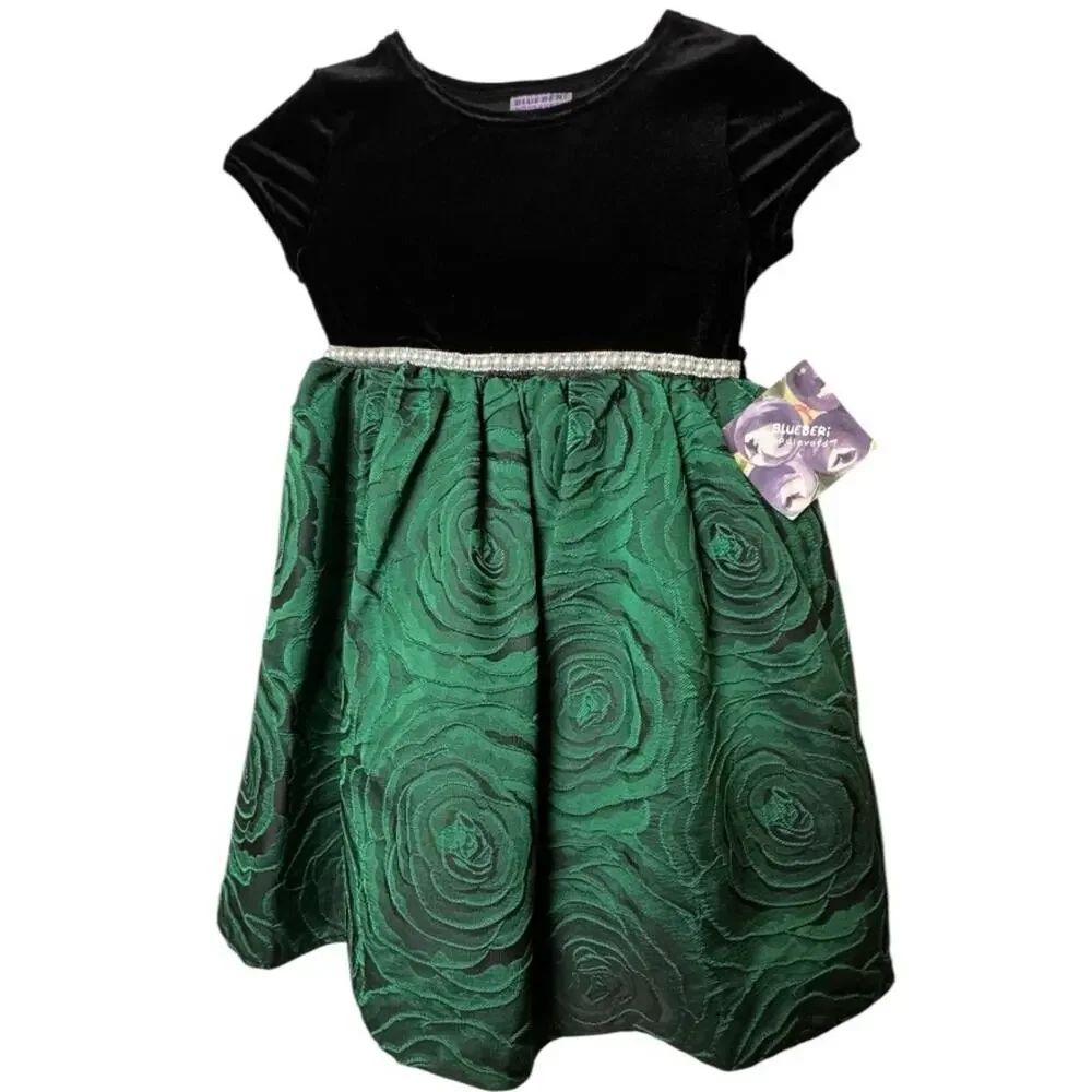 Blueberi Boulevard Girl’s  Black and Green Holiday Festive Dress Sz 6X NWT